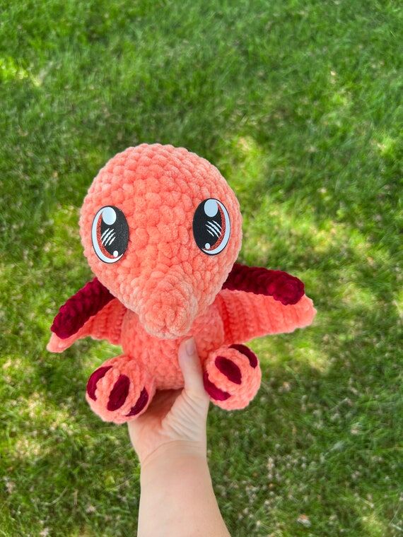Crochet Pterodactyl Plush, Orange Dino Stuffe...