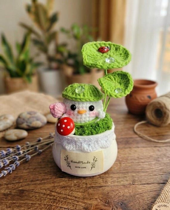 Handmade Crochet Potted Duck Holding Umbrella...