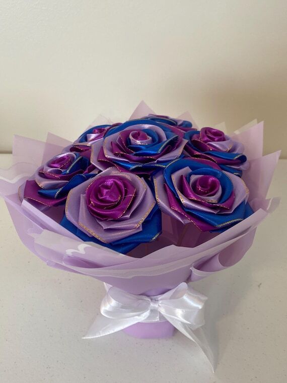 Handmade Ribbon Rose Bouquet, Blue Purple Gol...
