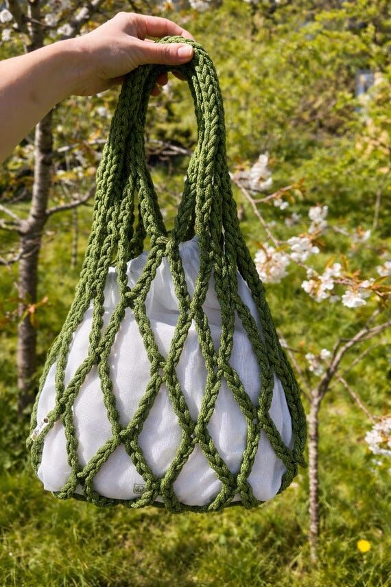 Crochet Net Bag with Inner Lining, 100% Cotto...