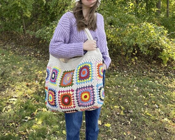 Crochet Granny Square Boho Bag: Handmade Cott...