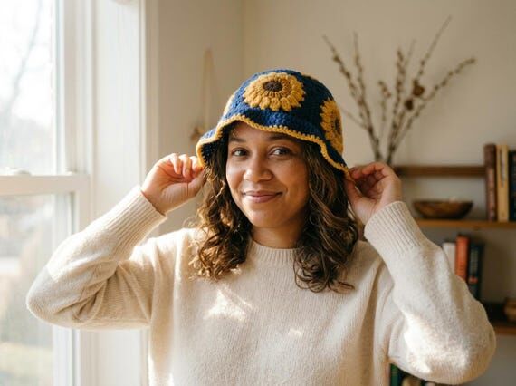 Crochet Sunflower Blue Bucket Hat: Boho Festi...