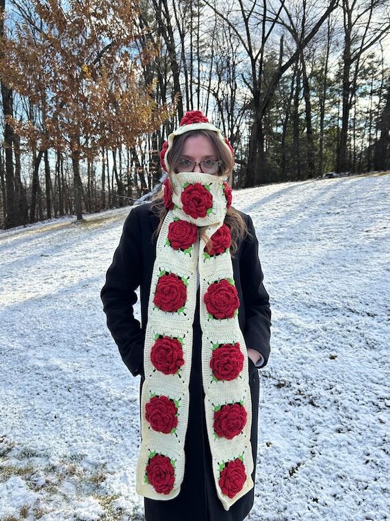 Granny Square Rose Hood: Handmade Cream Croch...