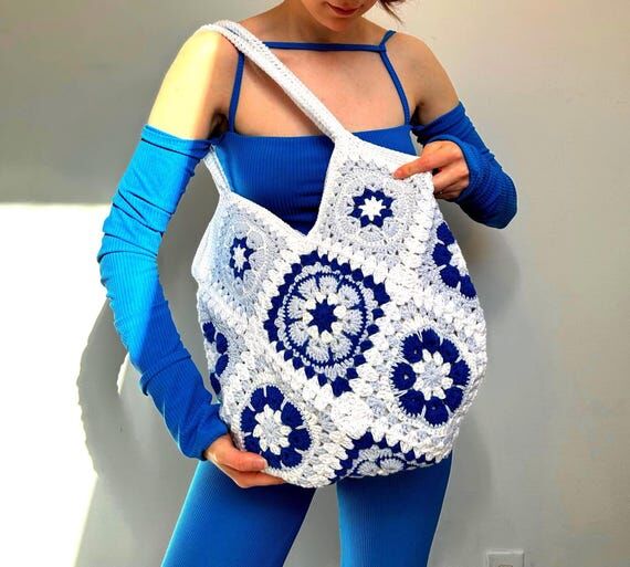 Blue Floral Granny Square Bag and Hat Set: Ha...