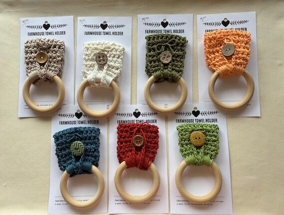 Crocheted Cotton Towel Holder, Rustic Wood Ri...