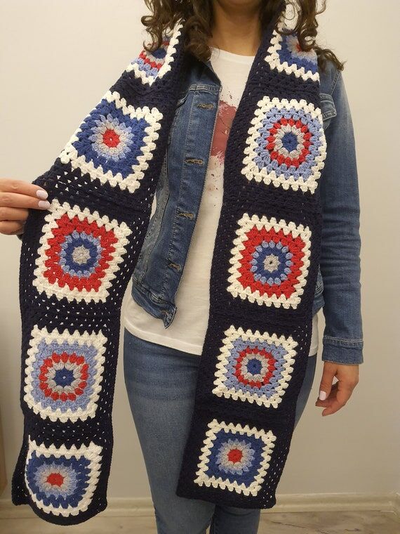 Crochet Granny Square Scarf: Handmade Cotton ...