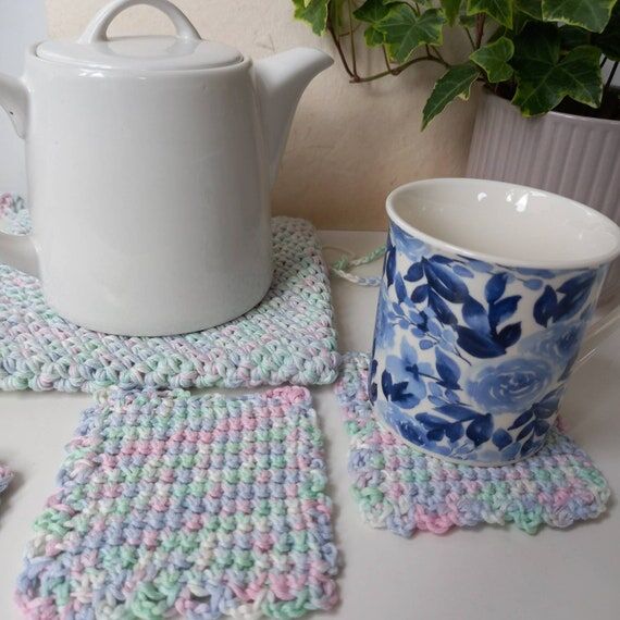 Crochet Hot Pad and Coaster Set: Pastel Cotto...