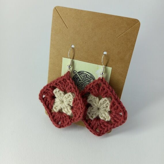 Crochet Granny Square Earrings: Red Cream Cot...