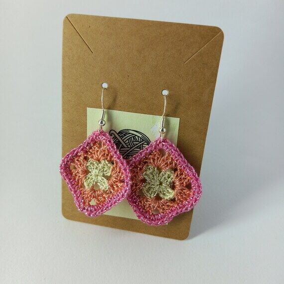 Crochet Granny Square Earrings: Pink & White,...