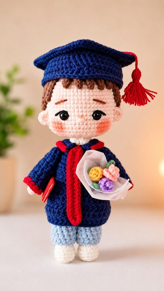 Handmade Crochet Graduation Doll, Boy Amiguru...