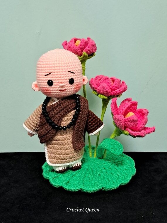 Handmade Crochet Monk Doll with Lotus Flowers...