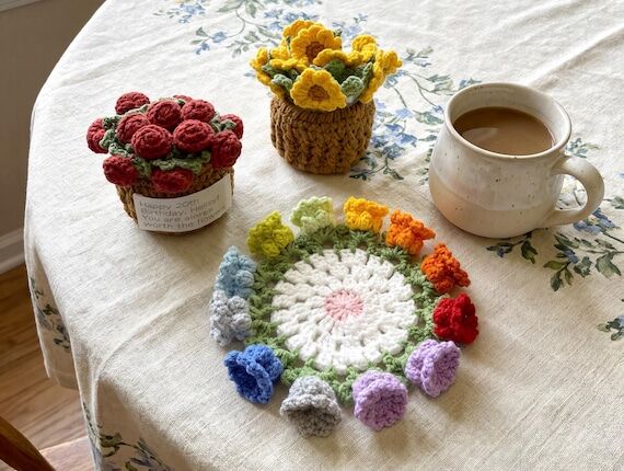 Handmade Crochet Flower Coasters with Cart Ba...