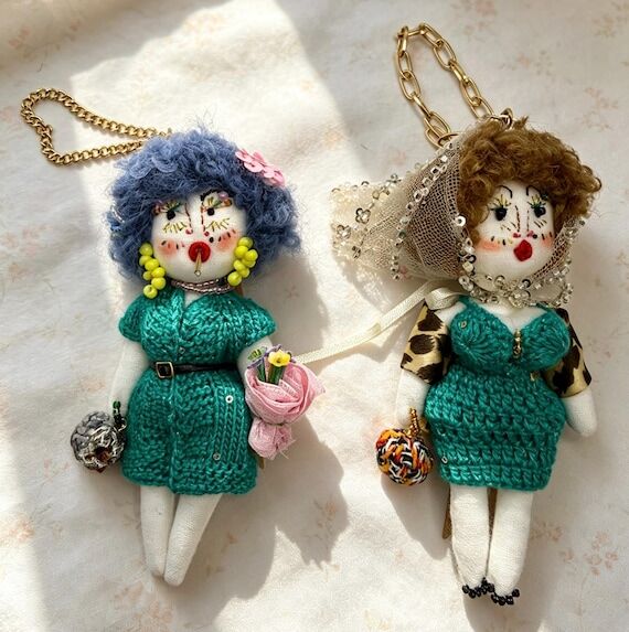 Handmade Lady Doll Keychain Charm Fabric & Cr...