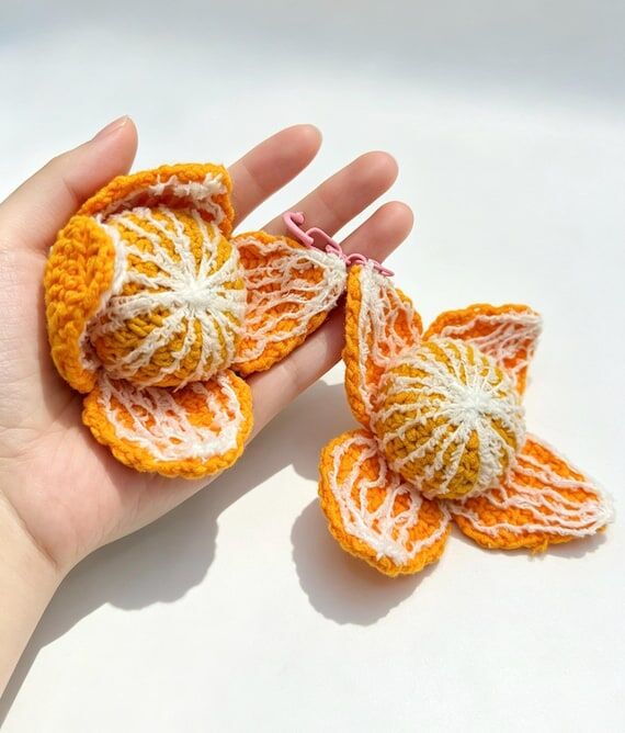 Handmade Crochet Orange Mandarin Keychain Bag...