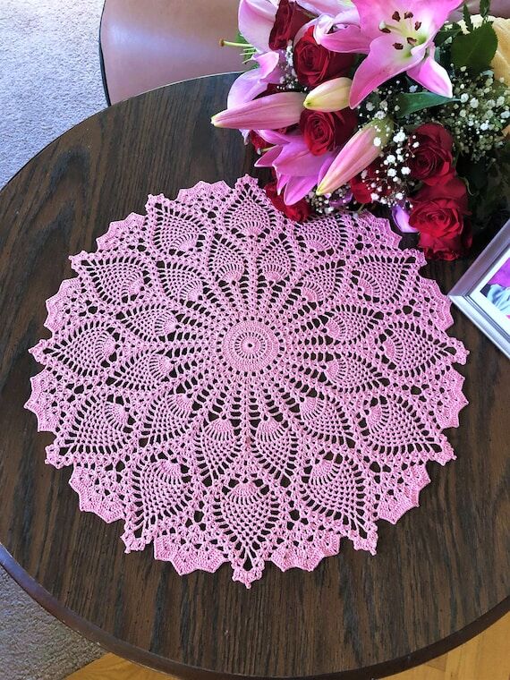 Handmade Crochet Doily: 19" Mauve Pineap...