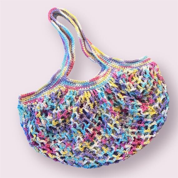 Crochet Mesh Market Bag, Cotton Yarn, Stretch...