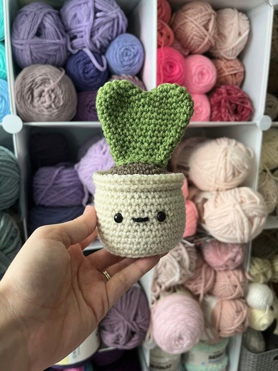 Crochet Hoya Heart Plant in Ecru Pot: Handmad...