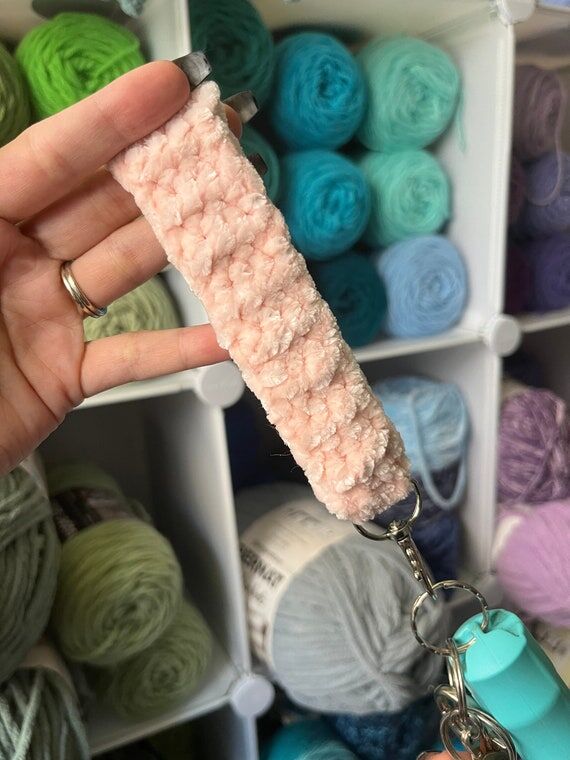 Handmade Baby Pink Crochet Velvet Wristlet Ke...