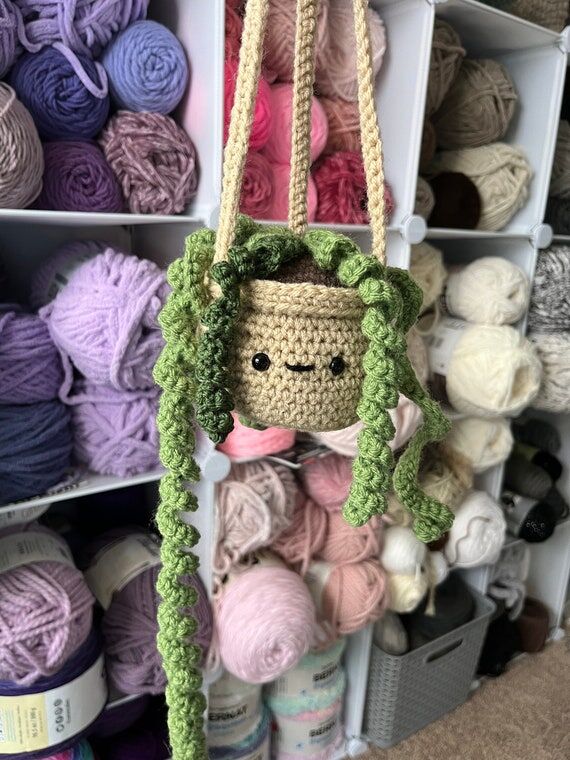 Crochet Hanging Plant: 16" Boho Curly Pl...