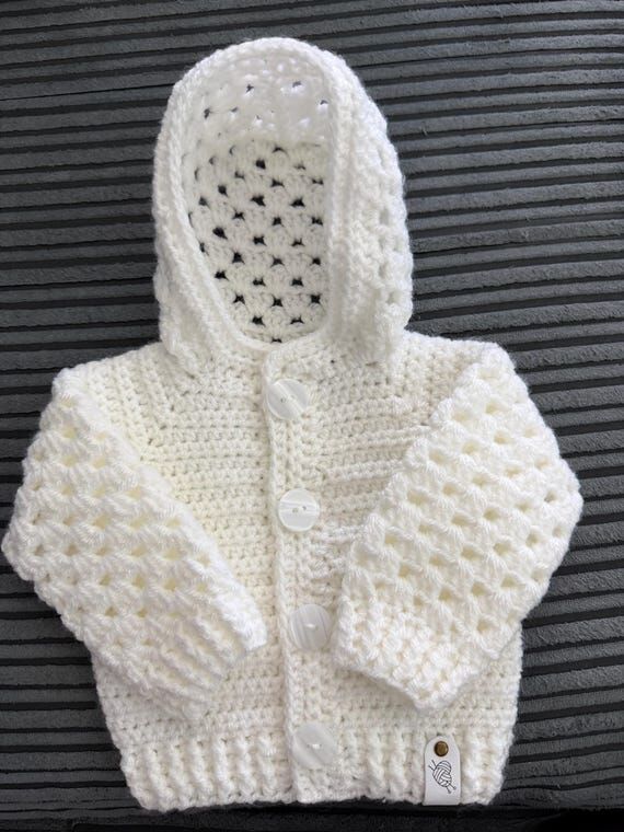 Newborn White Crochet Hoodie – Soft Handmad...