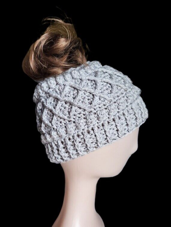 Crochet Messy Bun Beanie | Light Gray Texture...