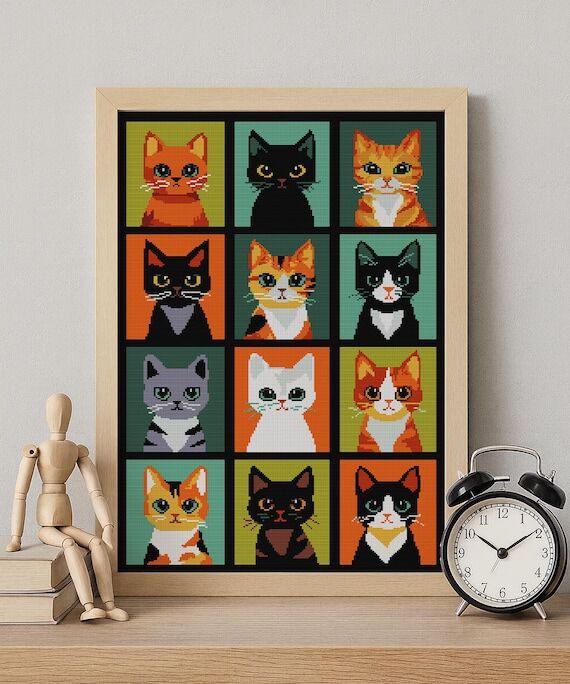 Pop Art Cat Cross Stitch Pattern: 12 Colorful...