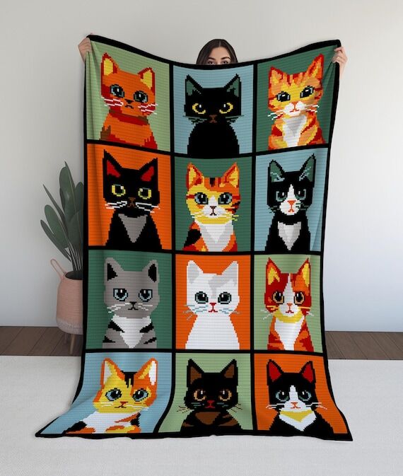 Pop Art Cat Crochet Blanket Pattern: 12 Color...