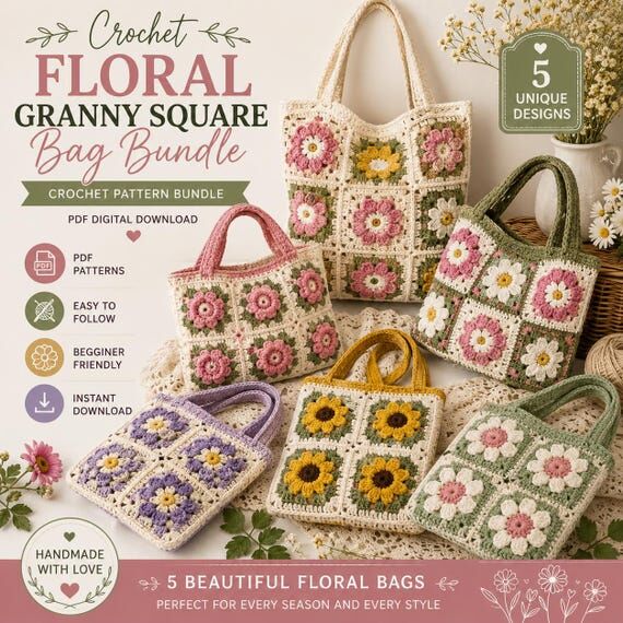 Floral Granny Square Bag Crochet Pattern Bund...