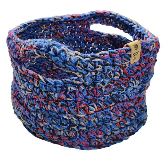 Handmade Cotton Crochet Basket with Handles -...