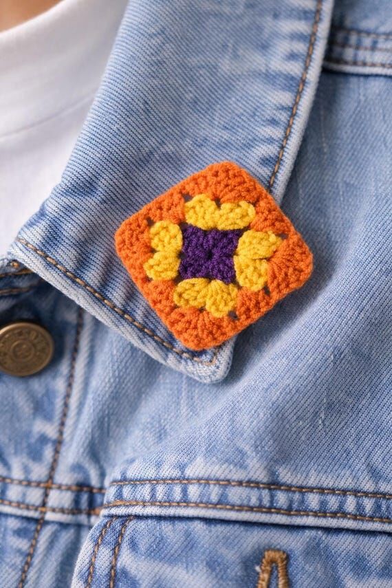 Crochet Granny Square Brooch Pin, Handmade Bo...