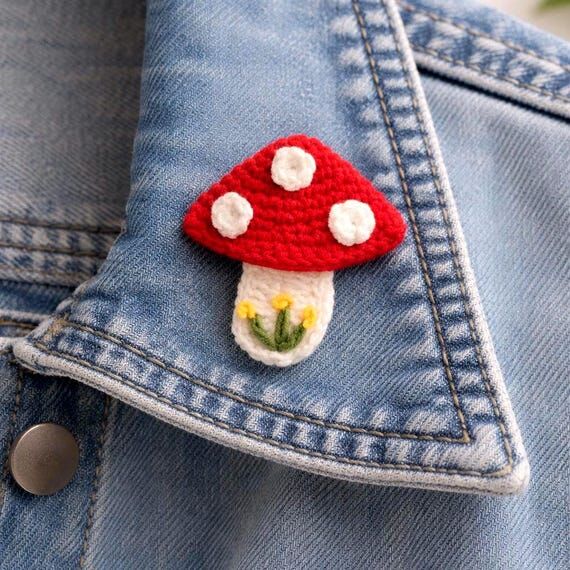 Crochet Mushroom Brooch, Handmade Cottagecore...