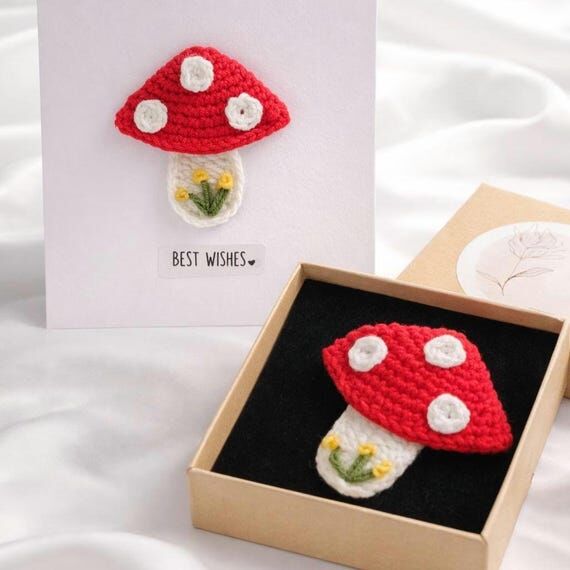 Crochet Mushroom Brooch Gift Set, Handmade Br...