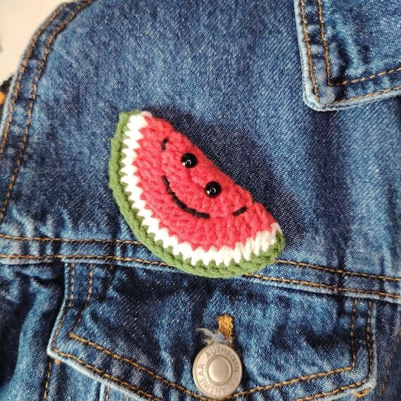 Crochet Watermelon Brooch, Smiling Fruit Pin,...