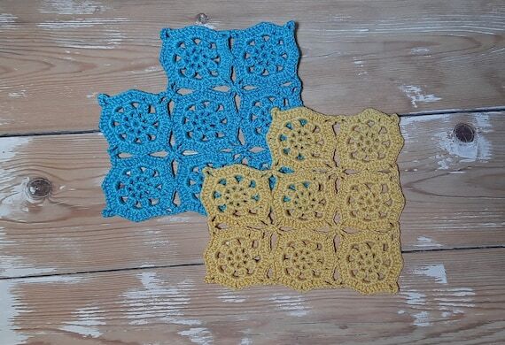 Blue & Yellow Cotton Crochet Doilies, Ukraini...