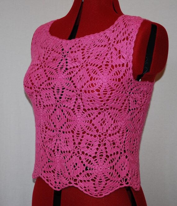 Crochet Lace Top: Pink Floral Bamboo Blouse, ...