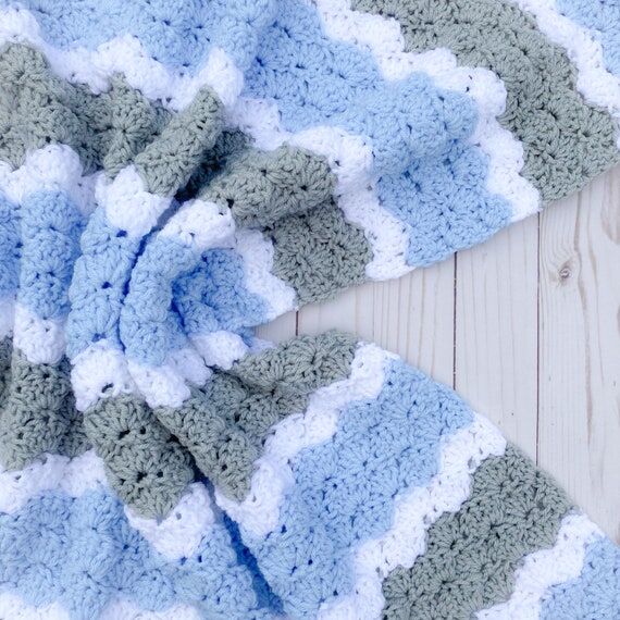 Blue and Gray Baby Blanket Crochet Handmade, ...