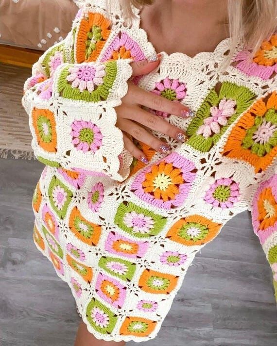 Hand-Knitted Granny Square Crochet Dress: Hip...