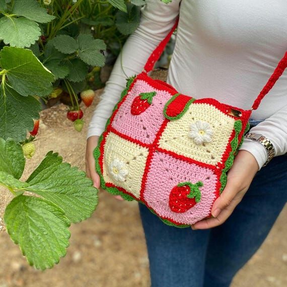 Handmade Strawberry Granny Square Crochet Bag...