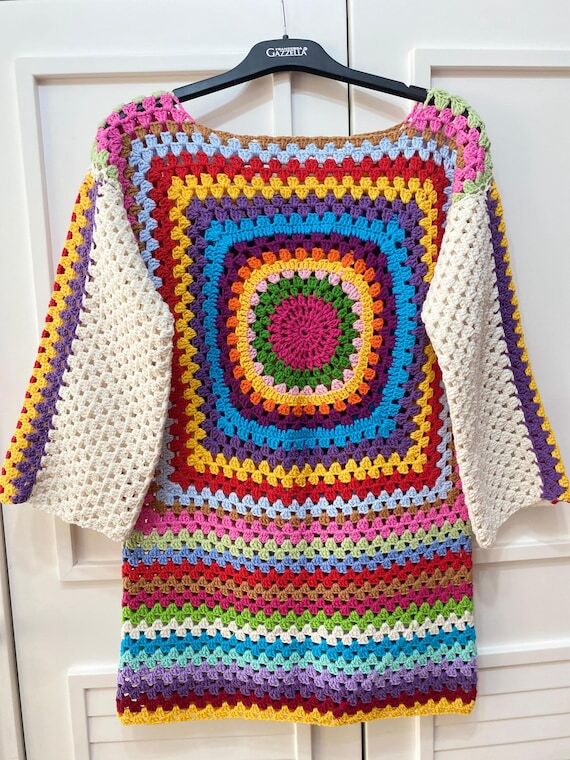 Hand-Knitted Cotton Granny Square Dress: Colo...