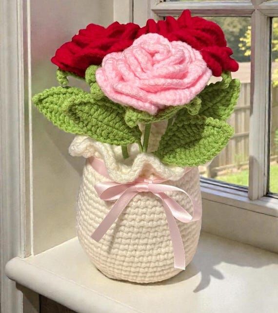 Crochet Triple Rose Bouquet: Handmade Floral ...