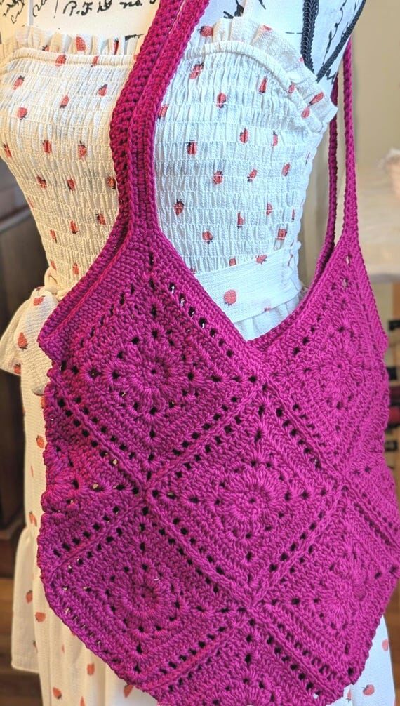 Modern Handmade Crochet Market Bag: Bright Pi...