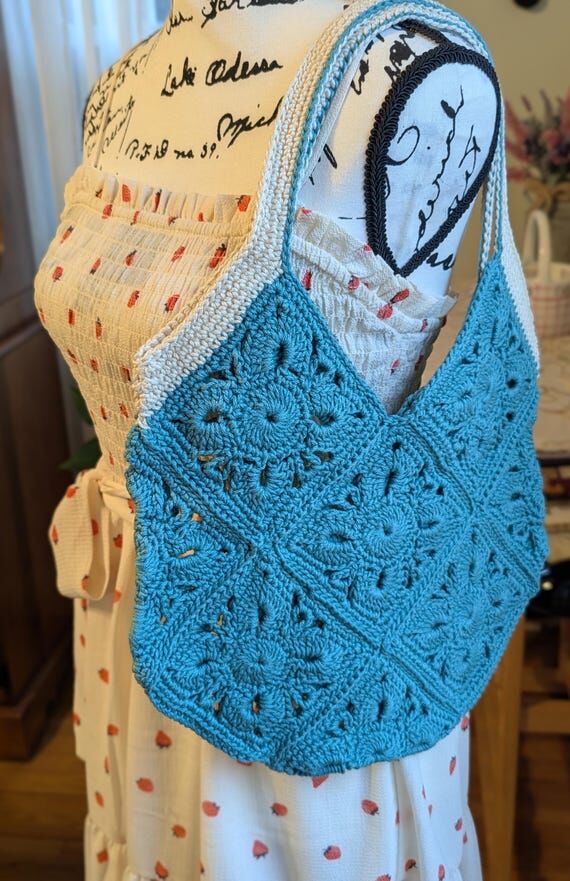 Modern Handmade Crochet Market Bag: Teal, Boh...