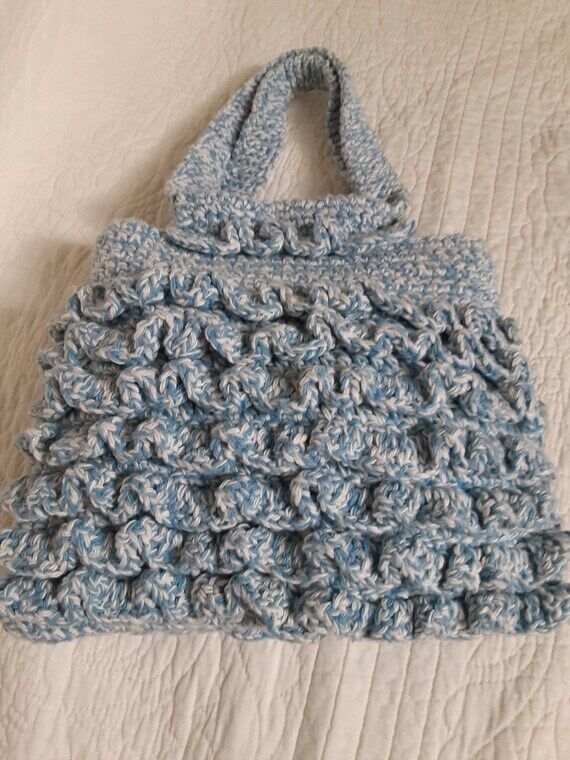 Handmade blue cotton knit purse, Knit lined r...