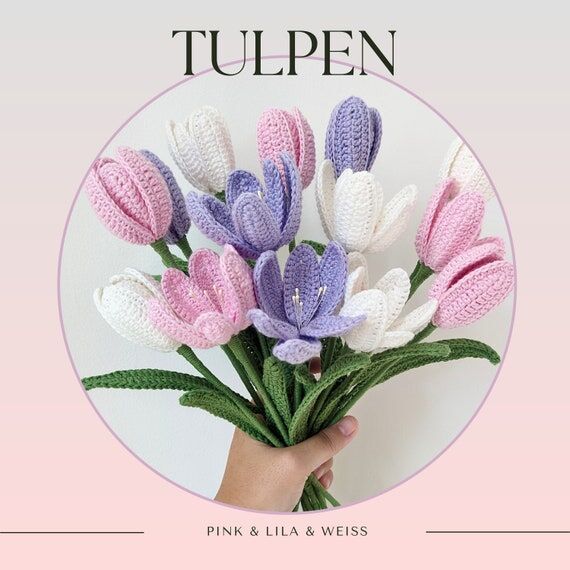 Tulip set crochet flowers in pink purple whit...