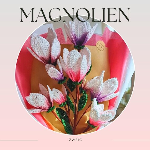 Magnolia crochet flowers in pink, rose, lilac...