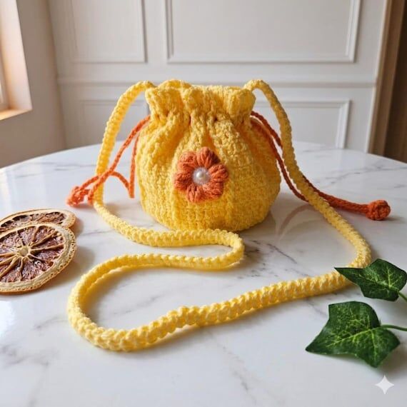 Handmade Crochet Flower Drawstring Bag, Round...