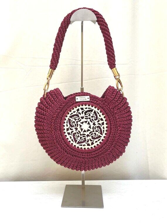 Handmade Crochet Tote Bag: Purple Wine Yarn w...