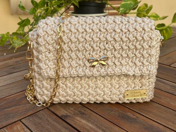 Handmade Ivory Crochet Bag: Gold Chain Strap ...