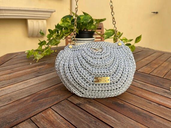 Crochet Crossbody Bag: Silver Blue Tote with ...