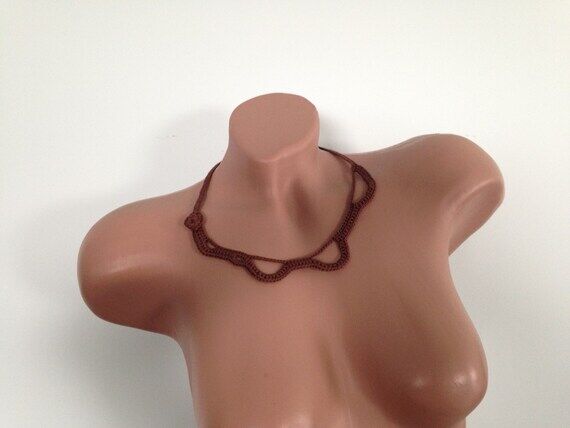 Brown Crochet Choker Necklace, Handmade Cotto...